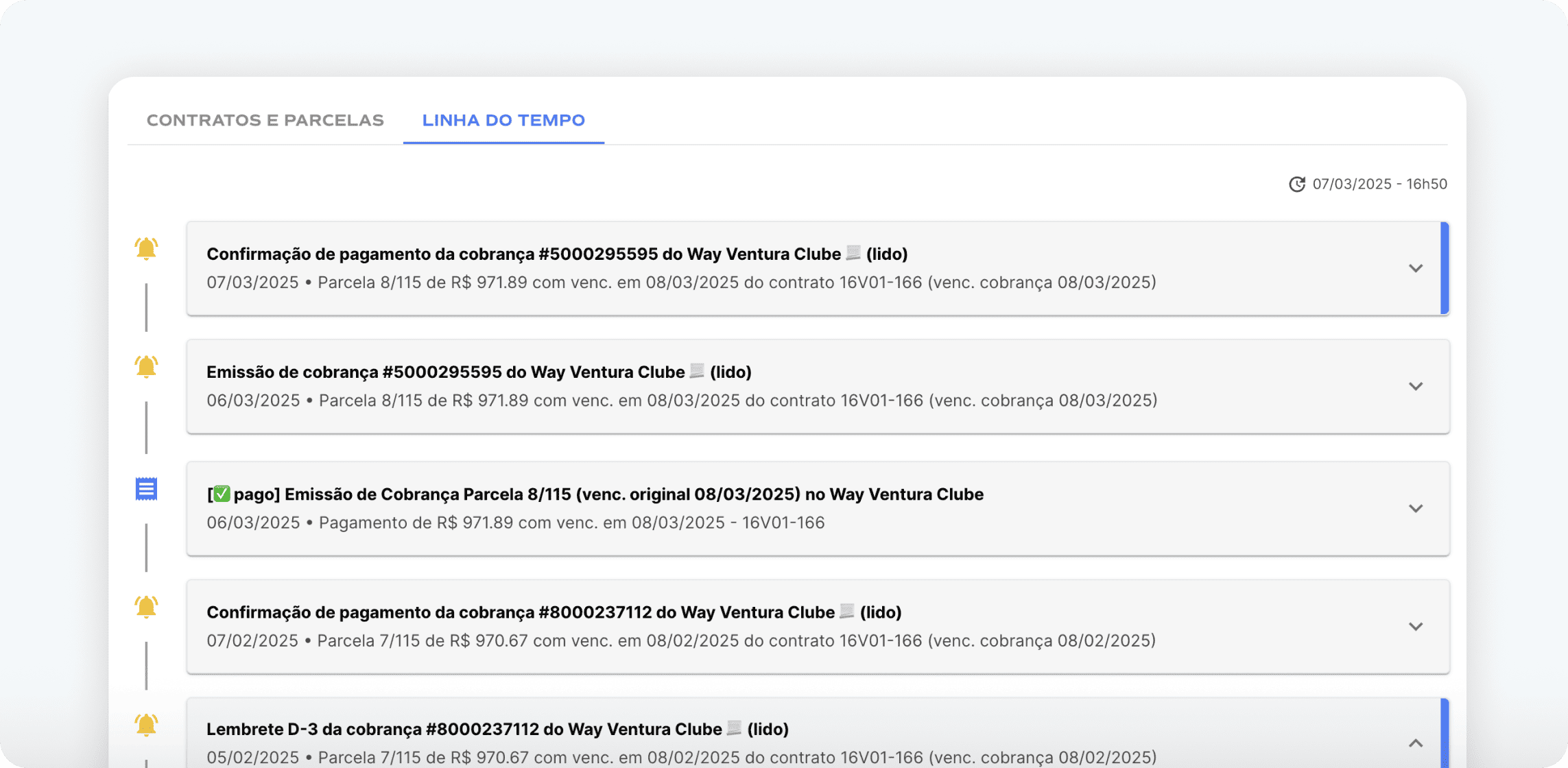 Linha do tempo do cliente